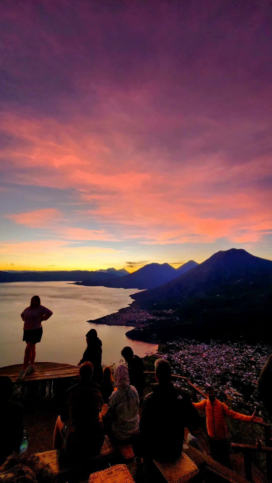 Traveler at the Rostro Maya lookout above Lake Atitlán, departing from San Juan La Laguna