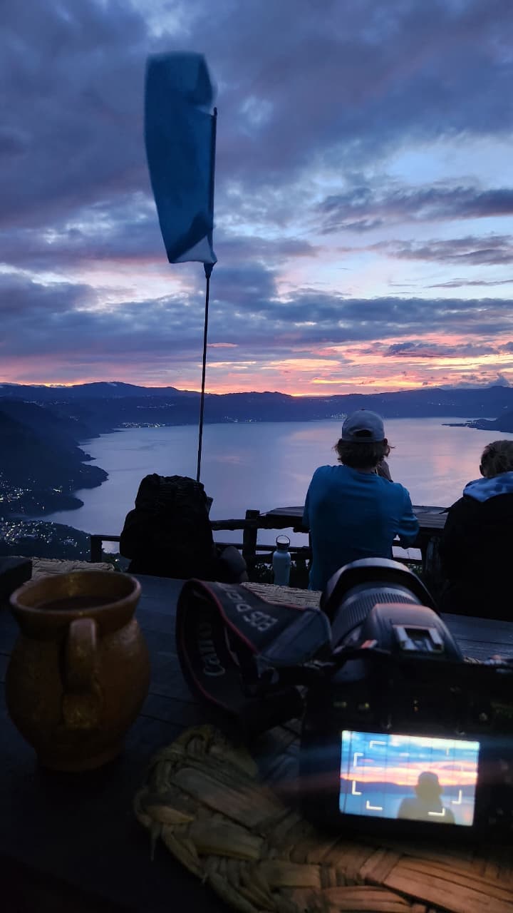 Camping at the top of the Mayan Face above Lake Atitlán at sunset